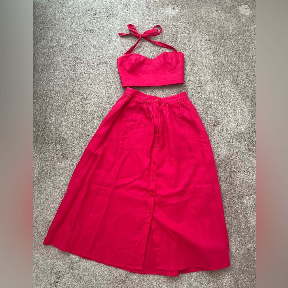 Reformation Orzo Linen Two Piece Midi skirt and top pink size 0 - Picture 3 of 7